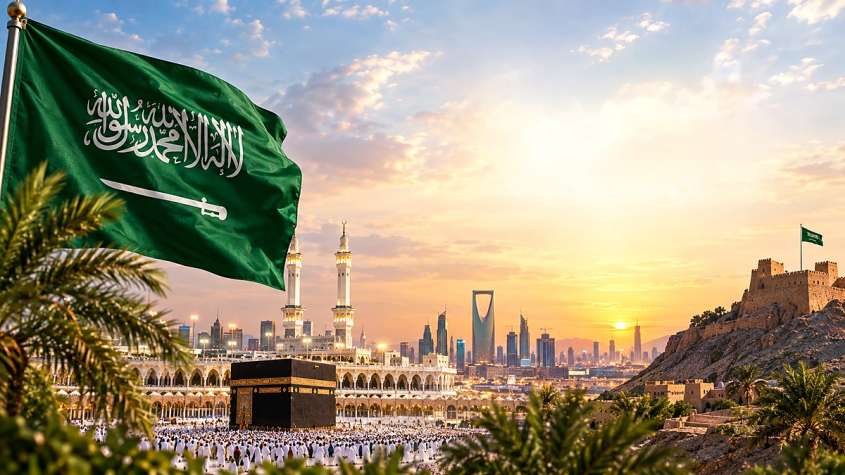 العلم السعودي والكعبة المشرفة ومعالم المملكة - مقال شموخ السعودية لرجاء البجاوي